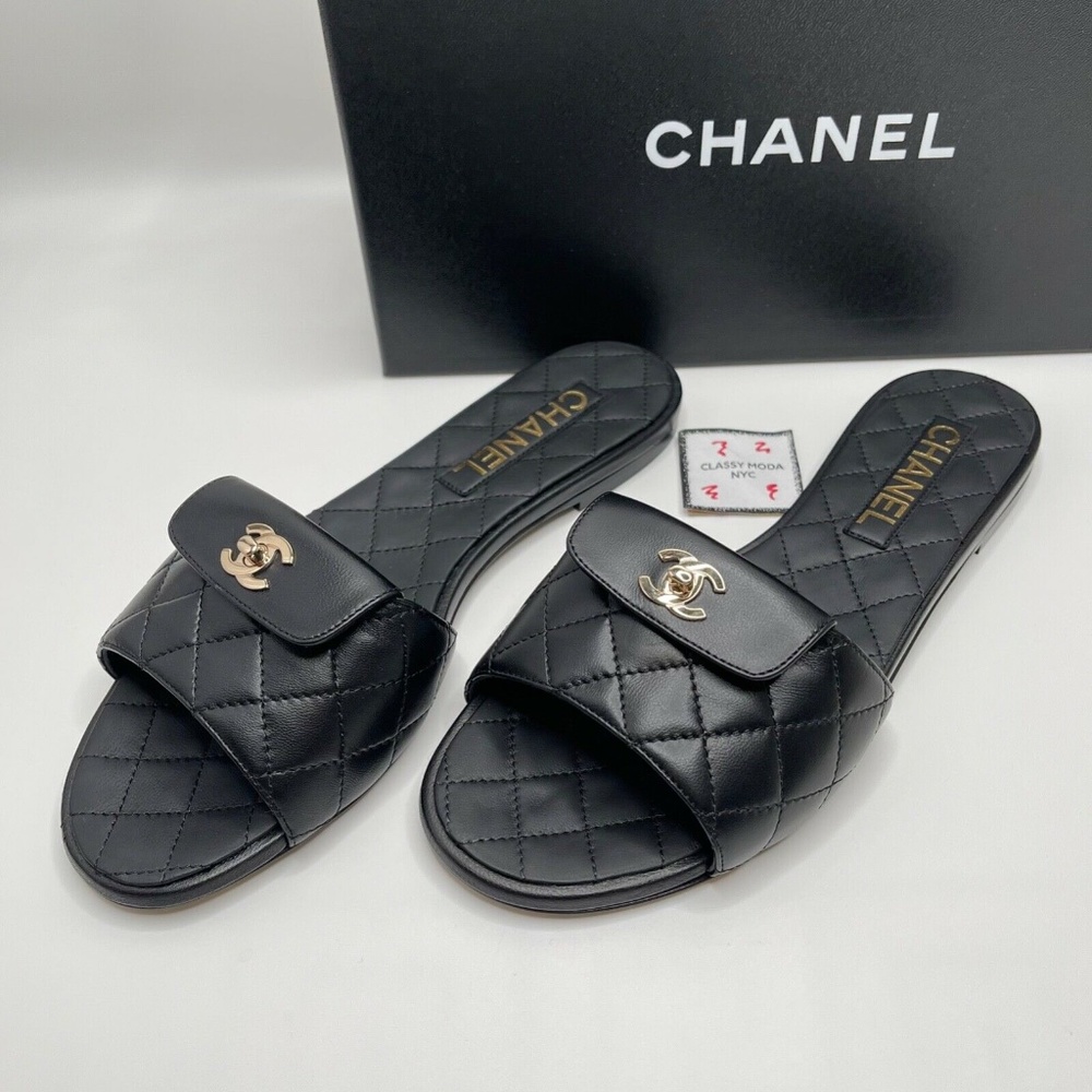 Chanel NIB Black Slides Turnlock Gold CC Logo Quilted Slide Flat Flop Sandals